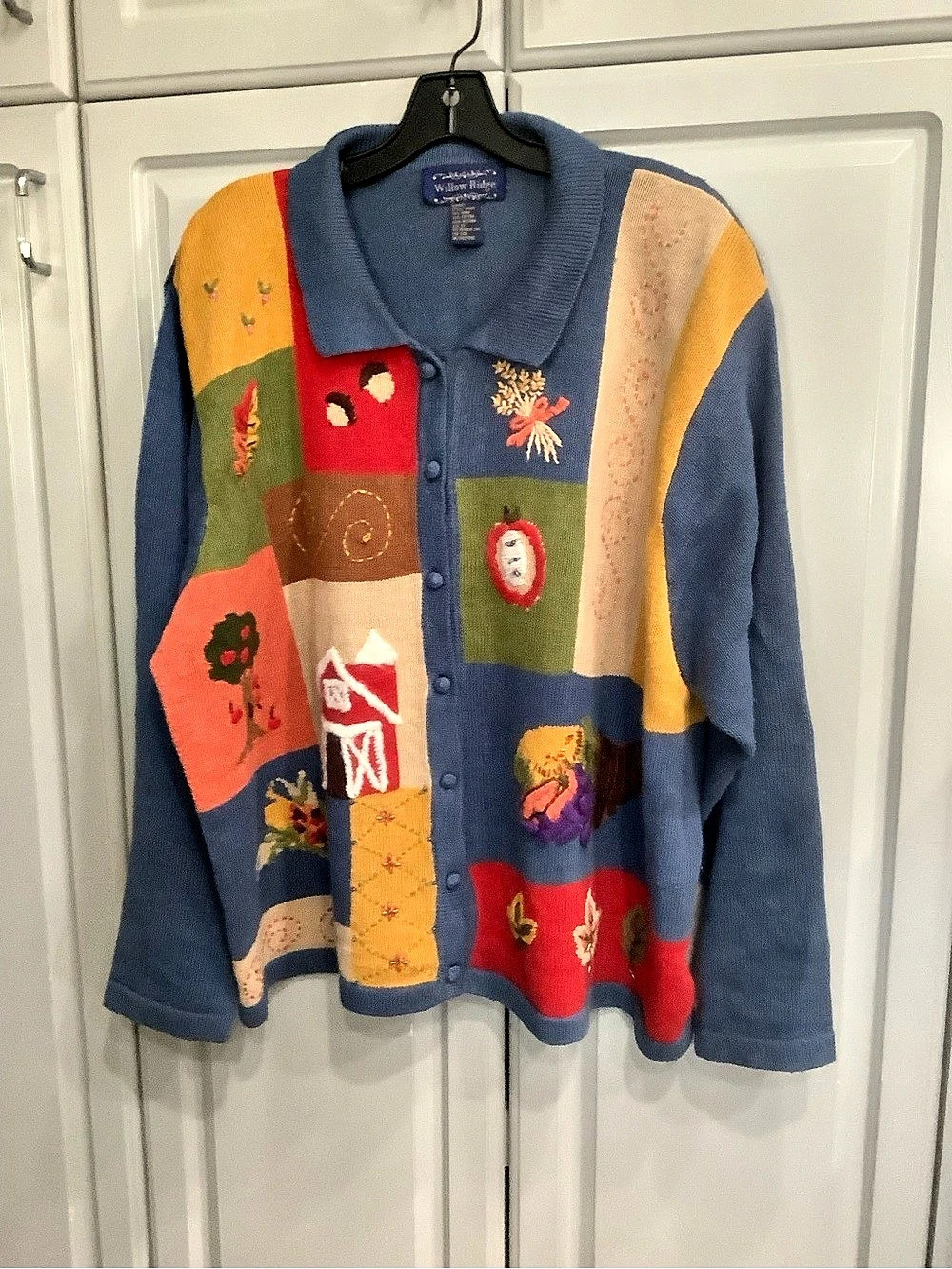 Willow Ridge Autumn Harvest Patchwork Embroidered Cardigan Blue Medium Plus 3X